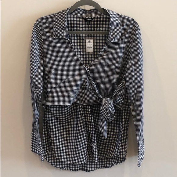 NWT Blue Mixed Gingham Tie Front Surplice Shirt. M - Picture 1 of 3